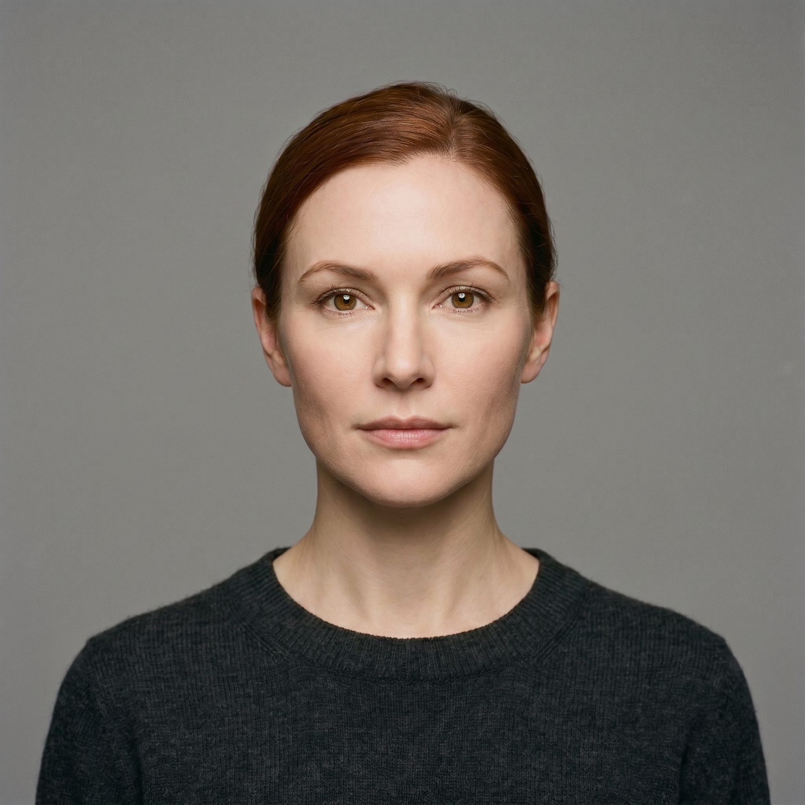 The same portrait with living eyes. She is in the room. Nothing else moved.