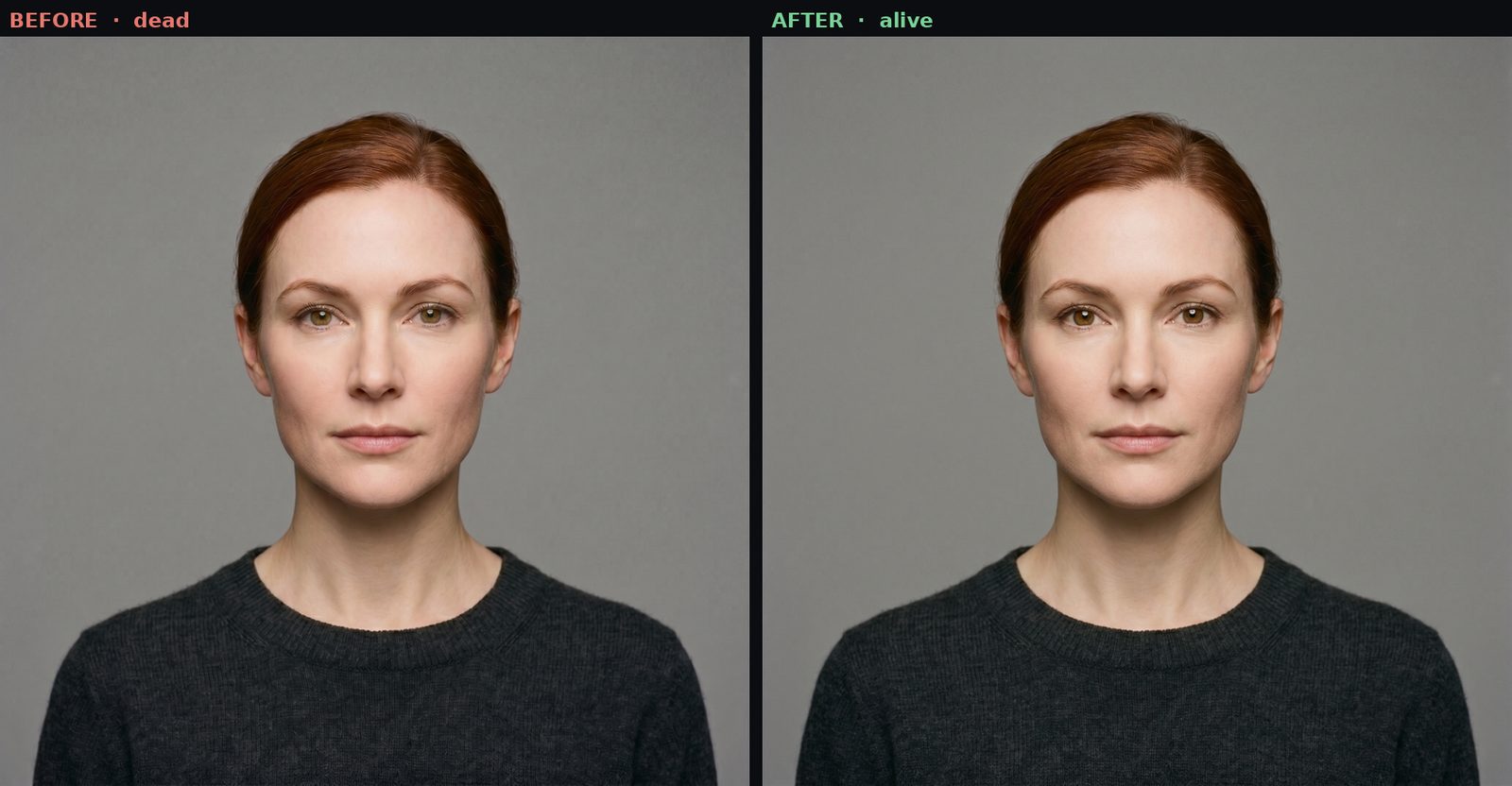 Before and after of a generated portrait: dead eyes on the left, living eyes on the right.