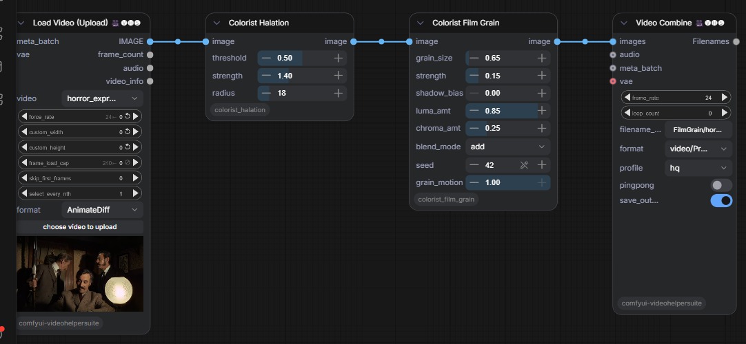 The full node chain: load the clip, halation, grain, then save. Halation sits first.