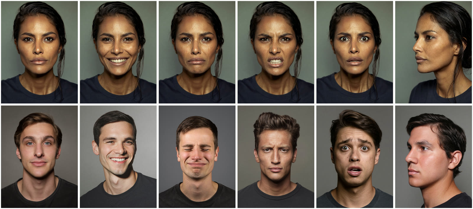 Two rows of six headshots. The top row is the same woman through neutral, smile, grief, anger, fear, and profile. The bottom row is a different man in every frame.